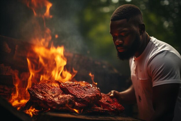 炎のグリルで肉を焼く男性