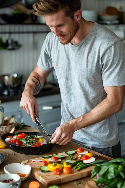 Foto uomo che cucina e taglia verdure fresche