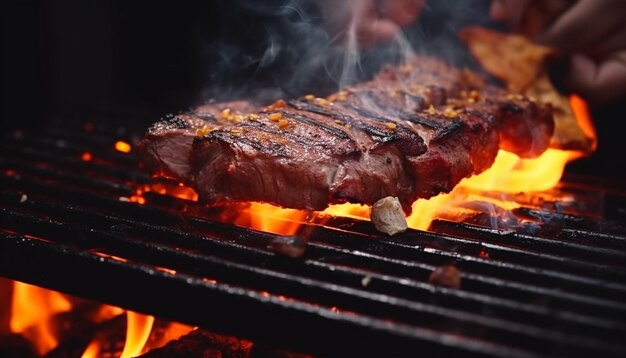 A man cooks a meat steak on charcoal grill Barbecue party Steaks cooking over flaming grill