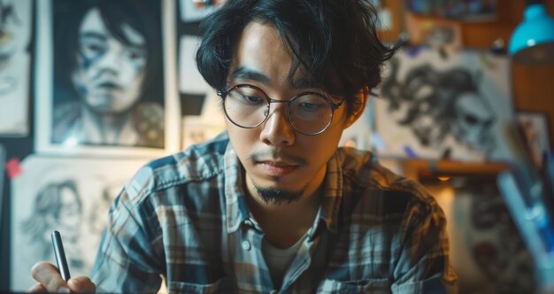 Man in cool black hair and eyewear drawing picture at table