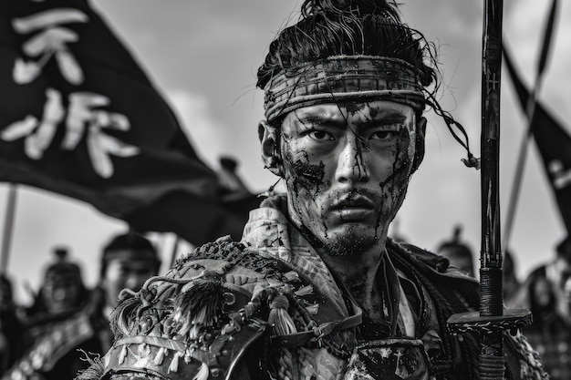 Photo a man in a costume holding a sword and a flag