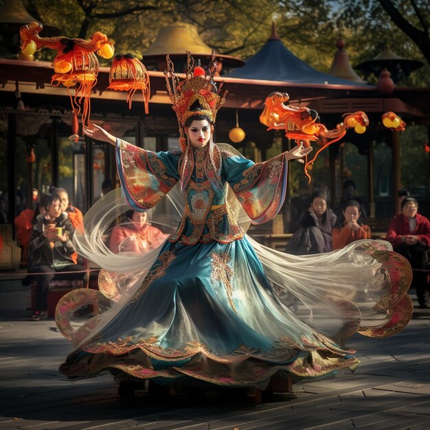 Photo a man in a costume is dancing with a woman in a crown.