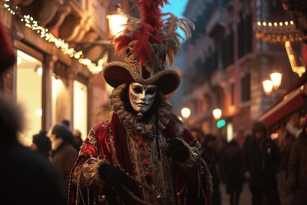 a man in a costume and mask walking down a street