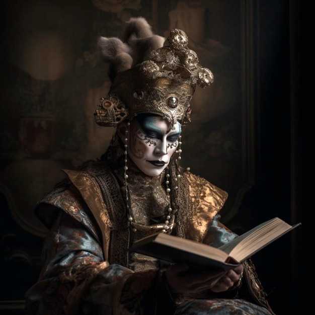 A man in a costume reads a book.