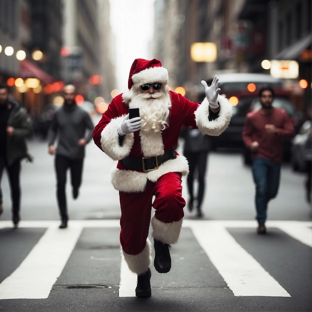 Photo man in costume of santa claus with smartphone in his hand running on city street season sale