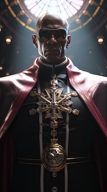 a man in a costume with a cross on the chest and the words  the name of the man