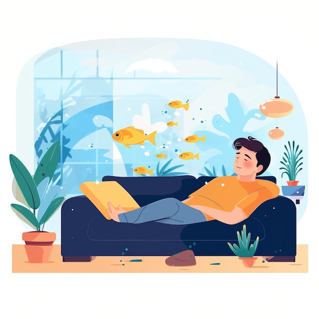 Man on couch near fish tank