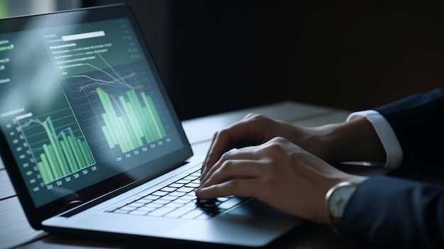 Man counting financial data at a modern office Computer screens on a table display stock exchange data Loan cost calculation for a corporation Generative AIx9