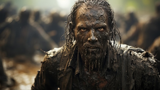 A man covered in mud