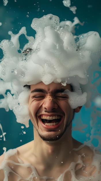 Man covered with soap suds laughing