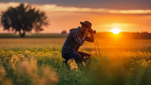 a man in a cowboy hat looks through a field of flowers at sunset