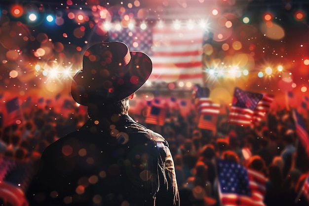 Photo man in a cowboy hat looks towards a sea of american flags