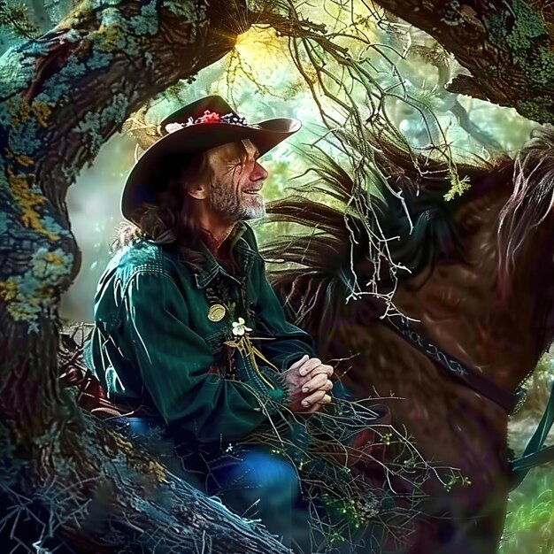 Photo a man in a cowboy hat sits on a horse in a forest