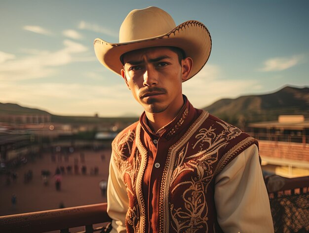 Photo a man in a cowboy hat stands on a balcony