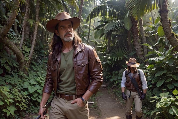 A man in a cowboy hat walks through a jungle.