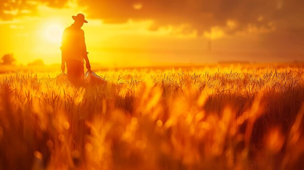 Foto un uomo con un cappello da cowboy in un campo di grano con il sole dietro di lui