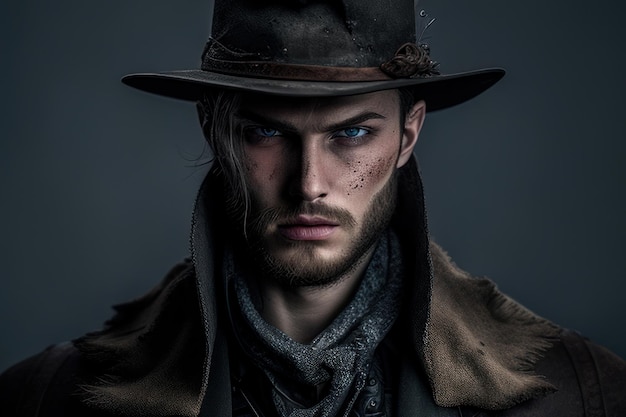 A man in a cowboy hat with blue eyes and a hat with the word ghost on it