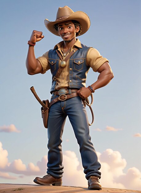 Photo a man in a cowboy outfit and hat standing on top of a hill