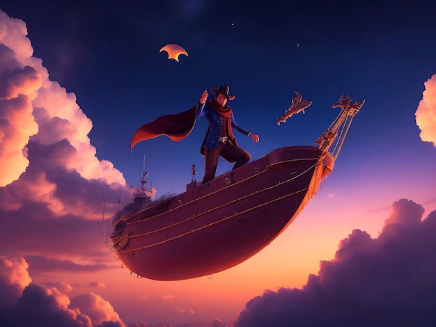 Человек в капюшоне волшебник плывет на корабле в облаках на закатном небе