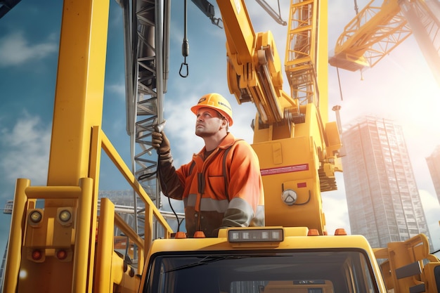 A man on a crane with the word crane on the back