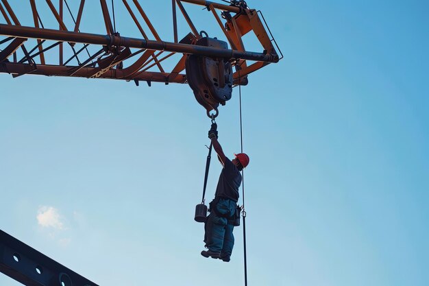 Photo a man on a crane working on a beam