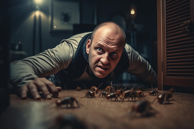 Man crawling on the floor with a lot of ants in his hands Pest control exterminator eliminating cockroaches inside the house AI Generated