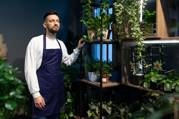 男は店の鉢植えの植物の中で作成します。