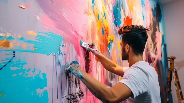 Foto un uomo che crea un murale colorato in uno studio d'arte