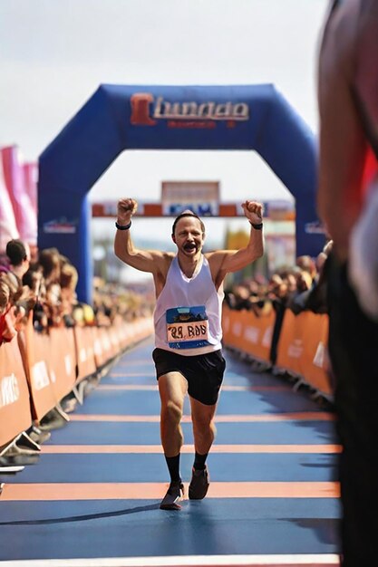 Foto un uomo attraversa il traguardo di una maratona