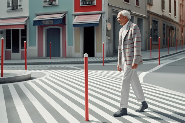 Foto un uomo che attraversa la strada con un abito a righe