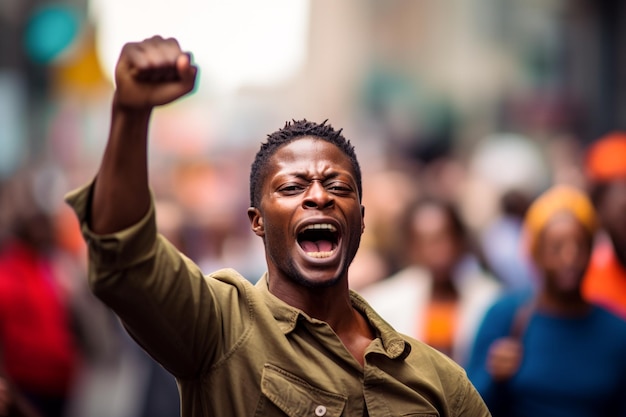 A man in a crowd with his fist up and a man in a green shirt is shouting.