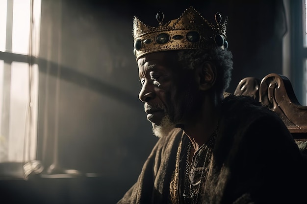 王冠をかぶった男が窓の前に座っており、その上に王という言葉が書かれている