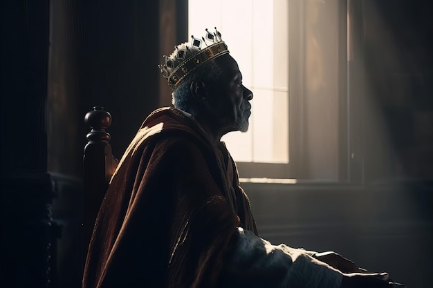 A man in a crown sits on a table in front of a window