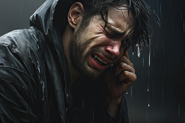 雨の中で泣く男