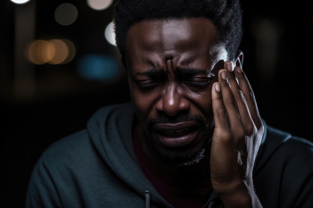 Man crying with hand on face The concept is personal sorrow