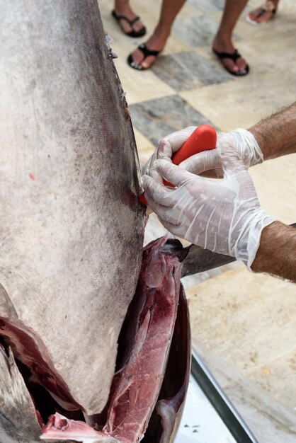 Foto l'uomo taglia grandi tonni freschi