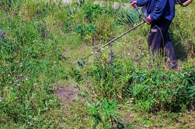 Foto un uomo taglia e taglia l'erba il lavoro di taglio dell'erba l'operaio taglia il prato con l'erba