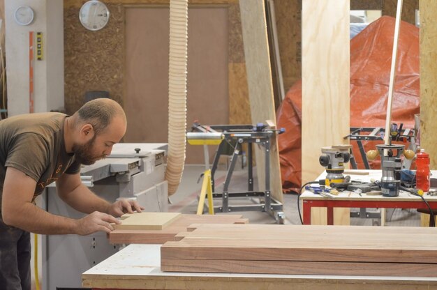 A man cuts wood on a circular saw in a joinery band saw holding\
a plank