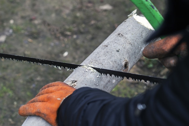 Man cuts wood with a manual saw