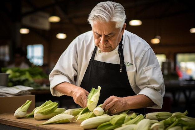 Photo a man cutting corn on a wooden table with a green label on it