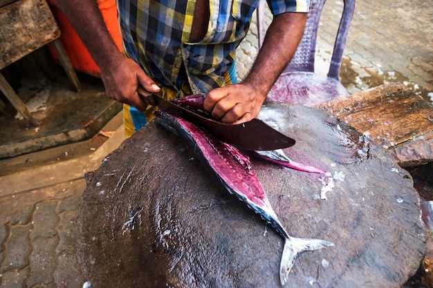 Uomo che taglia il tonno fresco con un coltello enorme a weligama nello sri lanka