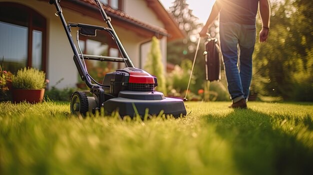 Man cutting grass with lawn mower in the backyard