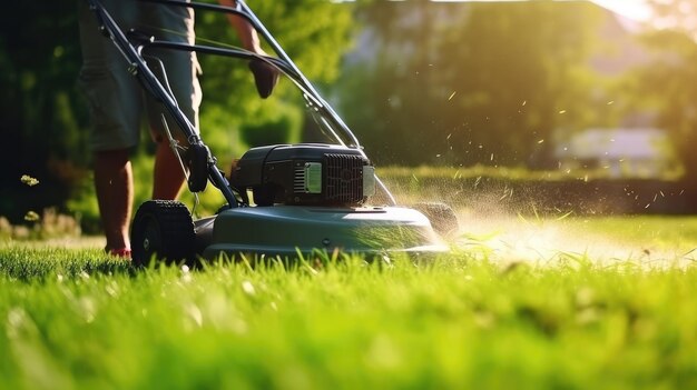 Photo man cutting grass with lawn mower in the backyard