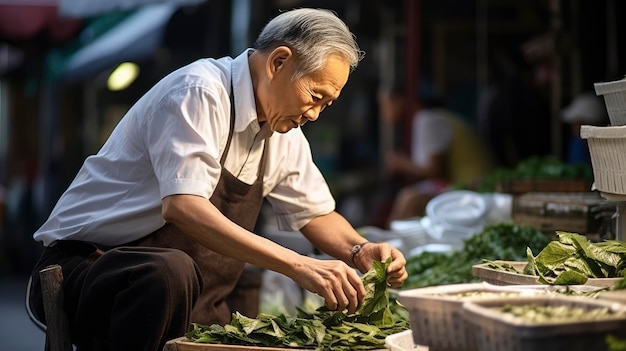 Man Cutting Greens on Table A Simple and Informative Photo