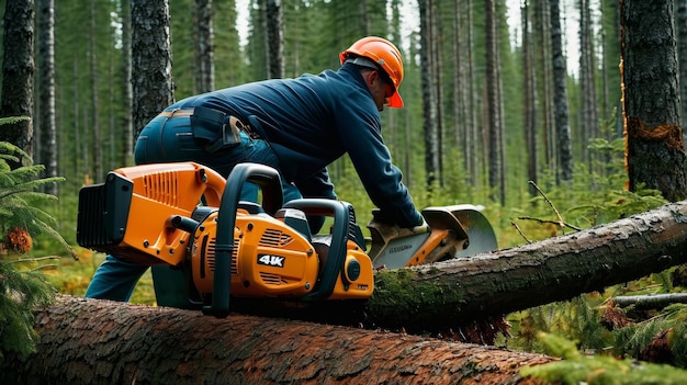 Photo man cutting tree with chainsaw