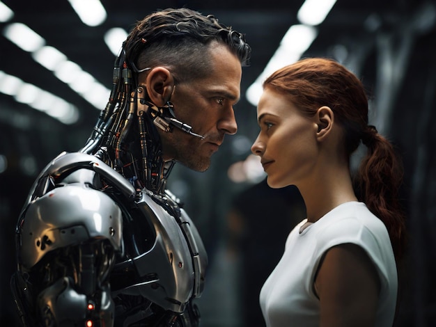 Man cyborg and woman are looking at each other