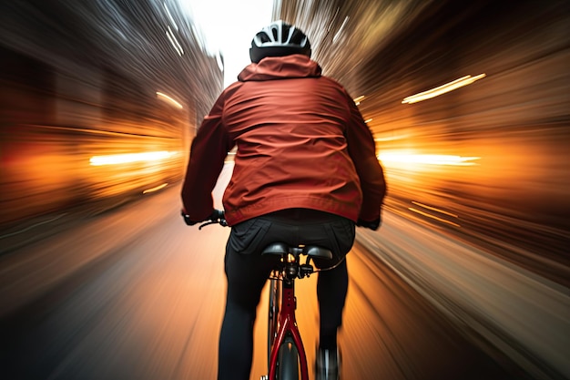 a man cyclist riding a bicycle at high speed in city street with motion blur