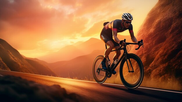 Photo man cyclist riding bicycle on a mountain road at sunset