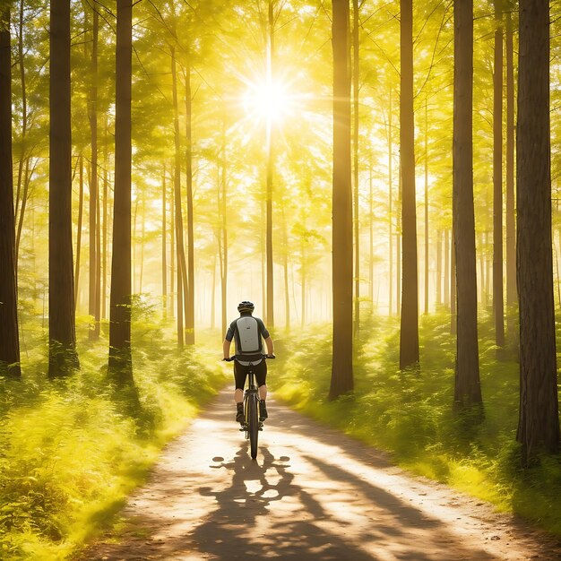 Photo a man cyclist riding a bike at sunshine in the forest through the trees ai generated