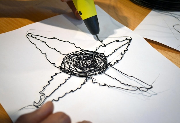 Foto man d pen tekent een bloem op wit papier close-up